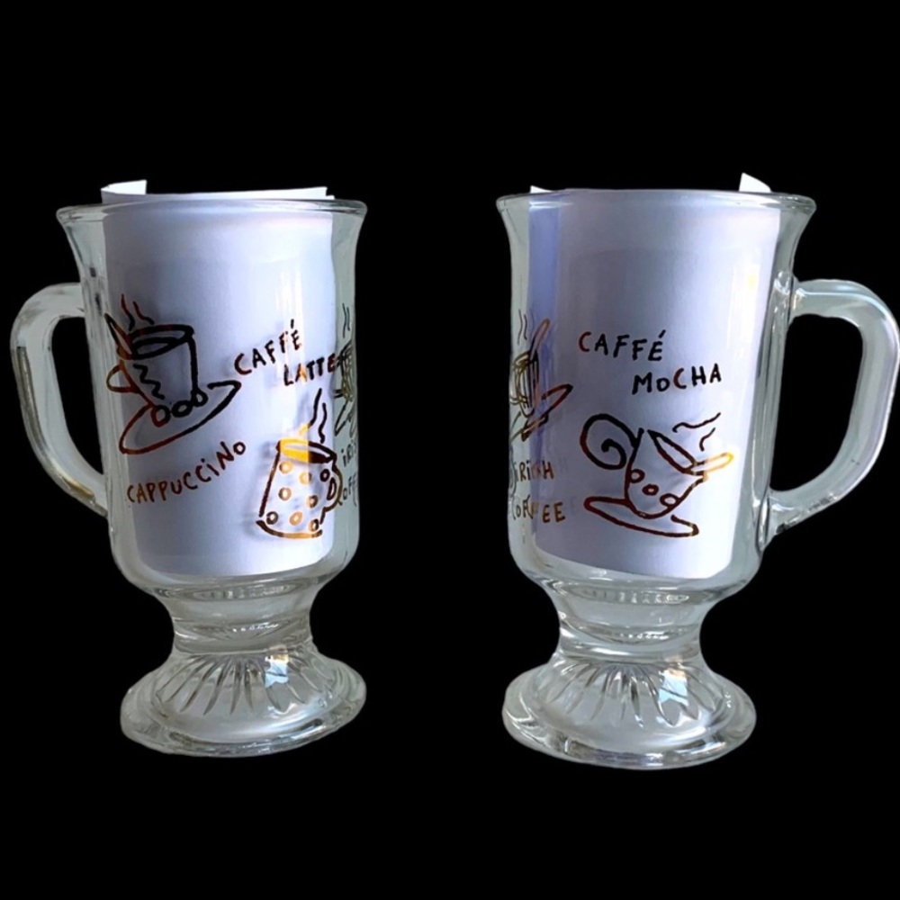 Cappuccino coffee latte pedestal glasses with handles, gold decor
